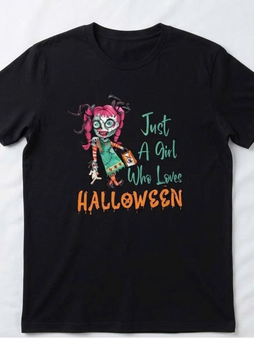Black Tee with Pink-Haired Halloween Girl Graphic